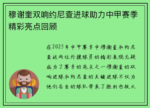 穆谢奎双响约尼查进球助力中甲赛季精彩亮点回顾
